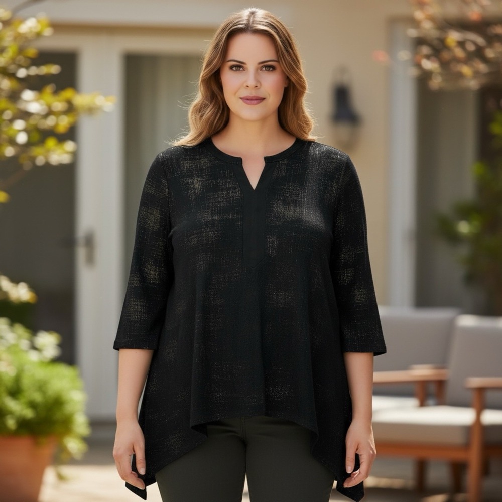 Catherine's Women's Black Shark-Bite Hem Top Blouse with Gold Threading Sz 3XL